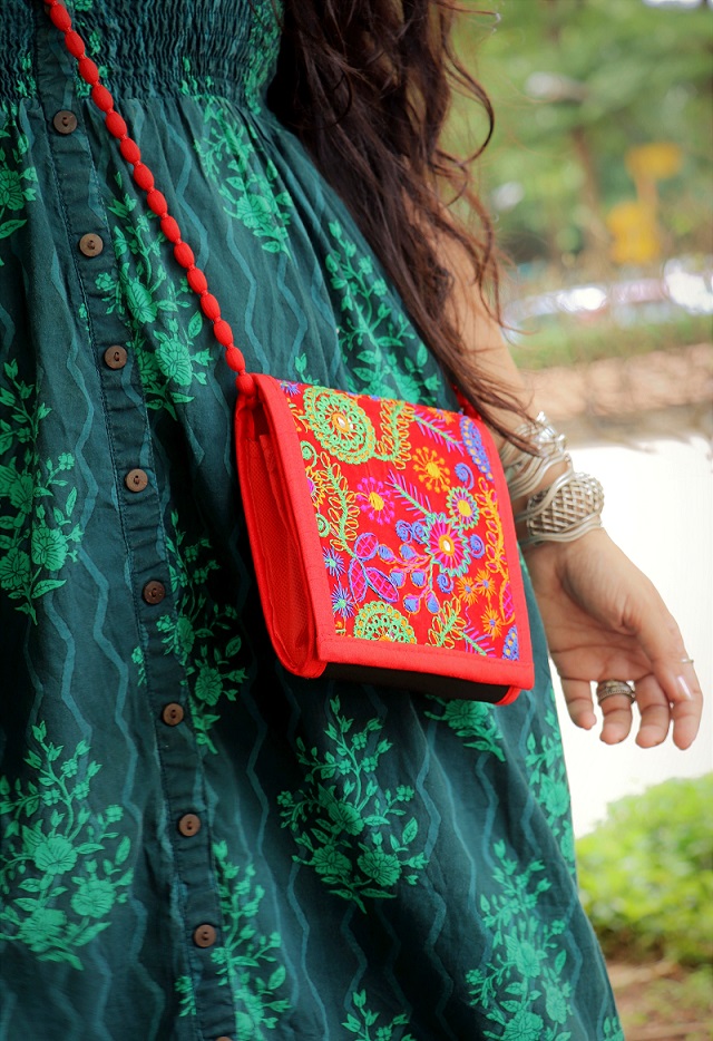 Red and Black Kutch Embroidered Sling Box Bag